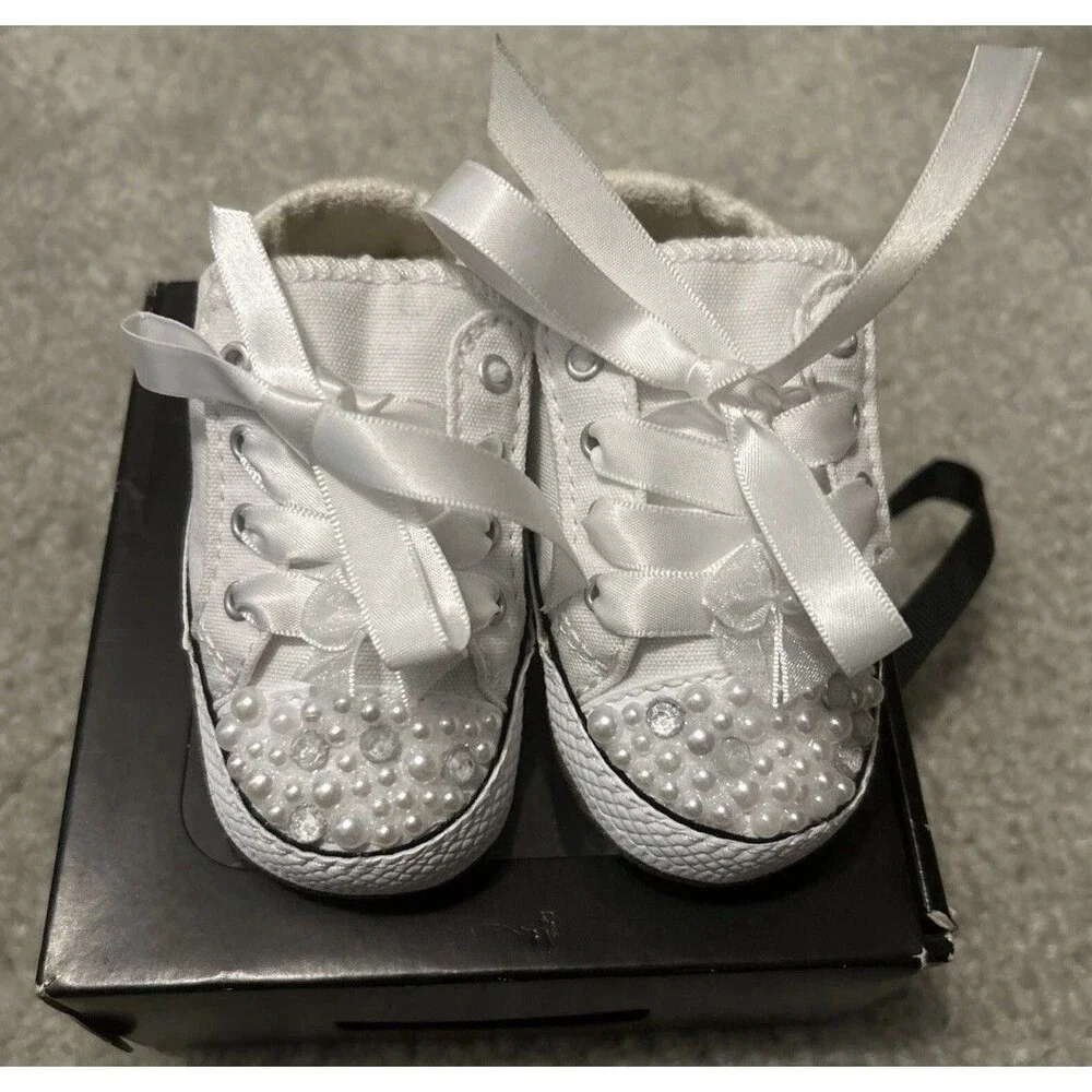 Converse Cribster Mid Size 2 Crib Custom Pearl Rhinestone Baby White Shoes